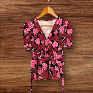 SHEIN Black Peplum Top With Pink & Red Rose Print